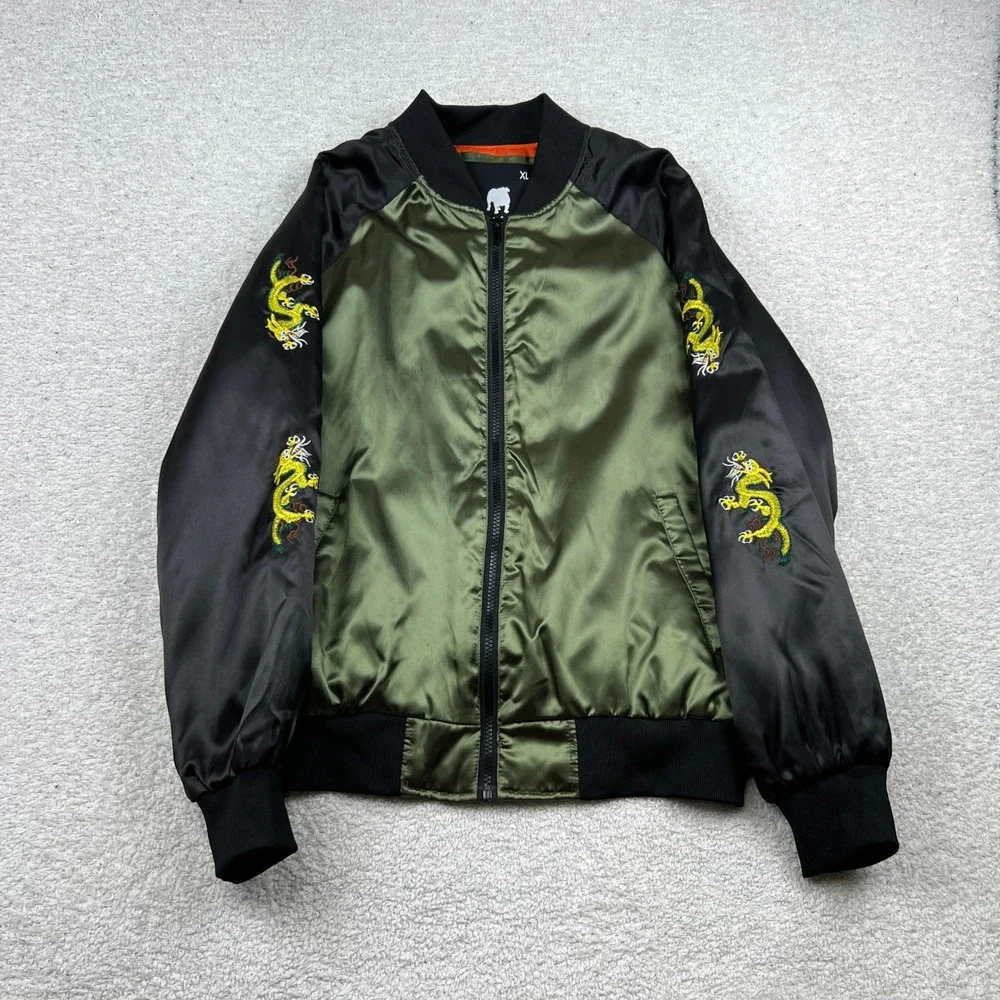 American Stitch Mens XL Bomber Jacket Olive Green Black Dragon Embroidered Satin